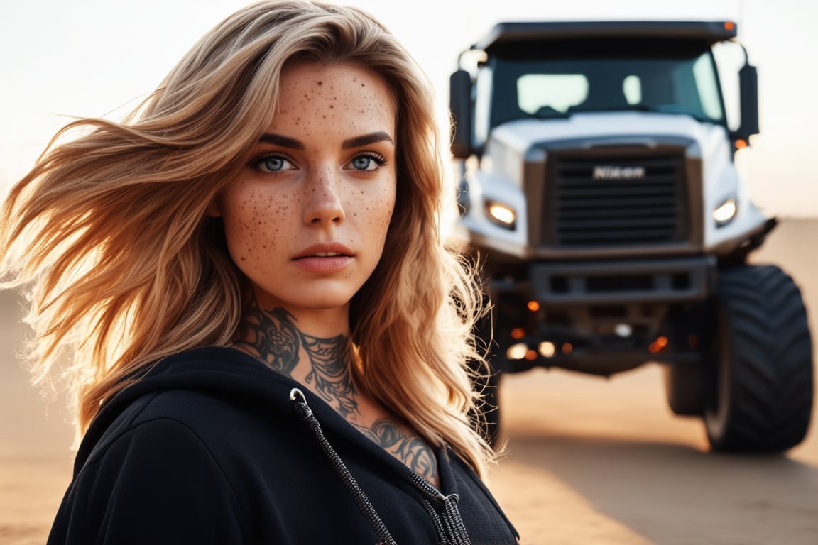 masterpiece portrait, Hyperrealistic, stunning beauty, high detail, cinematic photo Medium format photography, Anime girl digital artwork, A woman in her 20s, monster truck in the background, looking at the camera, she has freckles, blue eyes, she has Lush blonde hair, tattoos on neck, wearing a black hoodie, highly detailed, best quality, 8k uhd, Nikon 70d, ISO200, F/2.8, 1/25sec, 70mm . 35mm photograph, film, bokeh, professional, 4k, highly detailed, aderekangel