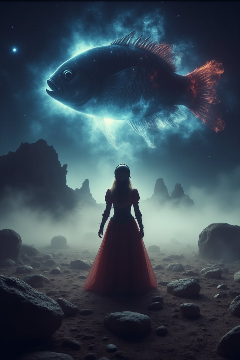 In a surreal asteroid field, where cosmic dust dances in an endless ballet, a woman in a medieval gown, with a space helmet upon her head, emerges from a giant nebula fish. This fantastical scene, brimming with detailed textures and a dreamy atmosphere, evokes a waking dream. The barren landscape of rocky asteroids contrasts with the soft light of the nebula, creating an ethereal aura. The image's high resolution reveals the epic scale of the scene, allowing us to delve into the details of this cosmic fantasy. 