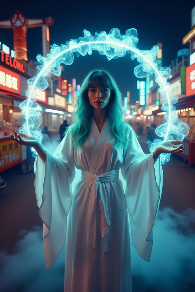 Raw photo, realistic, Masterpiece, best quality,  8K, ultra-detailed textures and realistic lighting, beauty and aesthetics, POV, various views, 1girl, solo, cleric, long hair, looking at viewer, bangs, black eyes, closed mouth, light turquoise hair, full body, japanese clothes, blunt bangs, kimono, lips, aqua hair, In Tokyo Disneyland, at night, the Japanese girl stands tall, her crisp white kimono a stark contrast to the noisy surroundings. Colorful neon light Soft, illuminates her porcelain, pale skin, her face illuminated by the glow of a magical circle beneath her. Her hair flows wildly, charged with energy, her eyes focused and determined, her hands outstretched as she summons a swirling vortex of magic. Her vibrant green hair catches the fading moody lighting, framing her serene expression amidst the amusement park, light particles, 