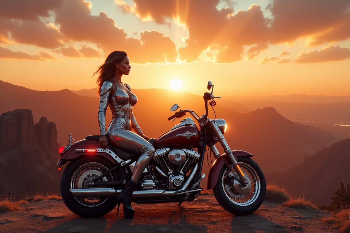 A photorealistic image of a woman in a metallic silver jumper suit and high heels standing beside a Harley-Davidson Panhead at sunset on a mountain overlook. The sun casts a golden glow over the scene, with the bike’s chrome shining brightly. The woman’s strong silhouette is highlighted against the backdrop of the setting sun, with the expansive landscape captured in rich detail. Photographed with a 24mm lens, f/11 aperture, and ISO 200, this image exudes a sense of freedom and adventure.