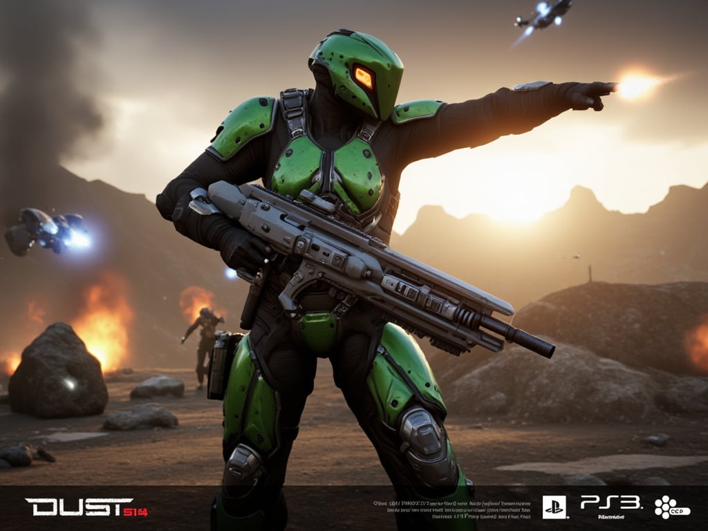 Solo gallente haevy dropsuit standing on battlefield, Full body. Green heavy dropsuit holding heavy gun and pointing on flying dropship. Dramatic sky. Cinematic.,amarr,caldari,minmatar, burning hav, The "DUST 514" and PlayStation 3 logos at the bottom suggest this is part of a promotional image for the game.