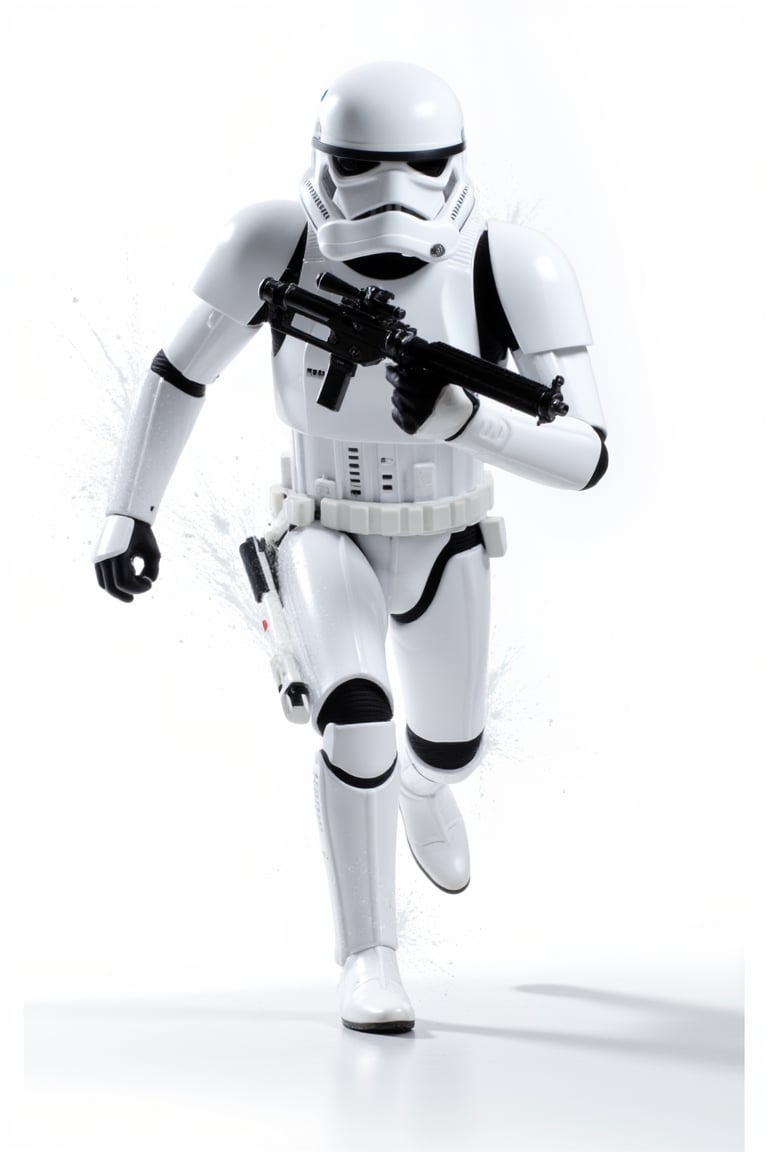 StormTrooperFlux, The person in the image is a Stormtrooper from the Star Wars franchise, and he is depicted running with a gun in his hand. He is wearing a white uniform, and his helmet is also white. (The background of the image features a splash effect), which gives the scene a dynamic and action-packed feel. The Stormtrooper is standing on a white surface, possibly a wall or a floor.,stormtrooperflux