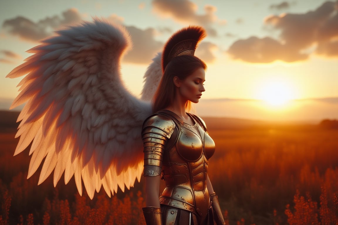 AngelDreamFlux, The image features a angel in a warrior costume, complete with a helmet, standing in a field under a beautiful sunset. The woman appears to be the main subject of the photo, with the golden helmet emphasizing her character as a warrior. The background consists of the sky and the field, providing a serene and natural setting for the scene. The combination of the woman's costume, the warrior theme, and the stunning sunset creates a captivating and visually appealing image.