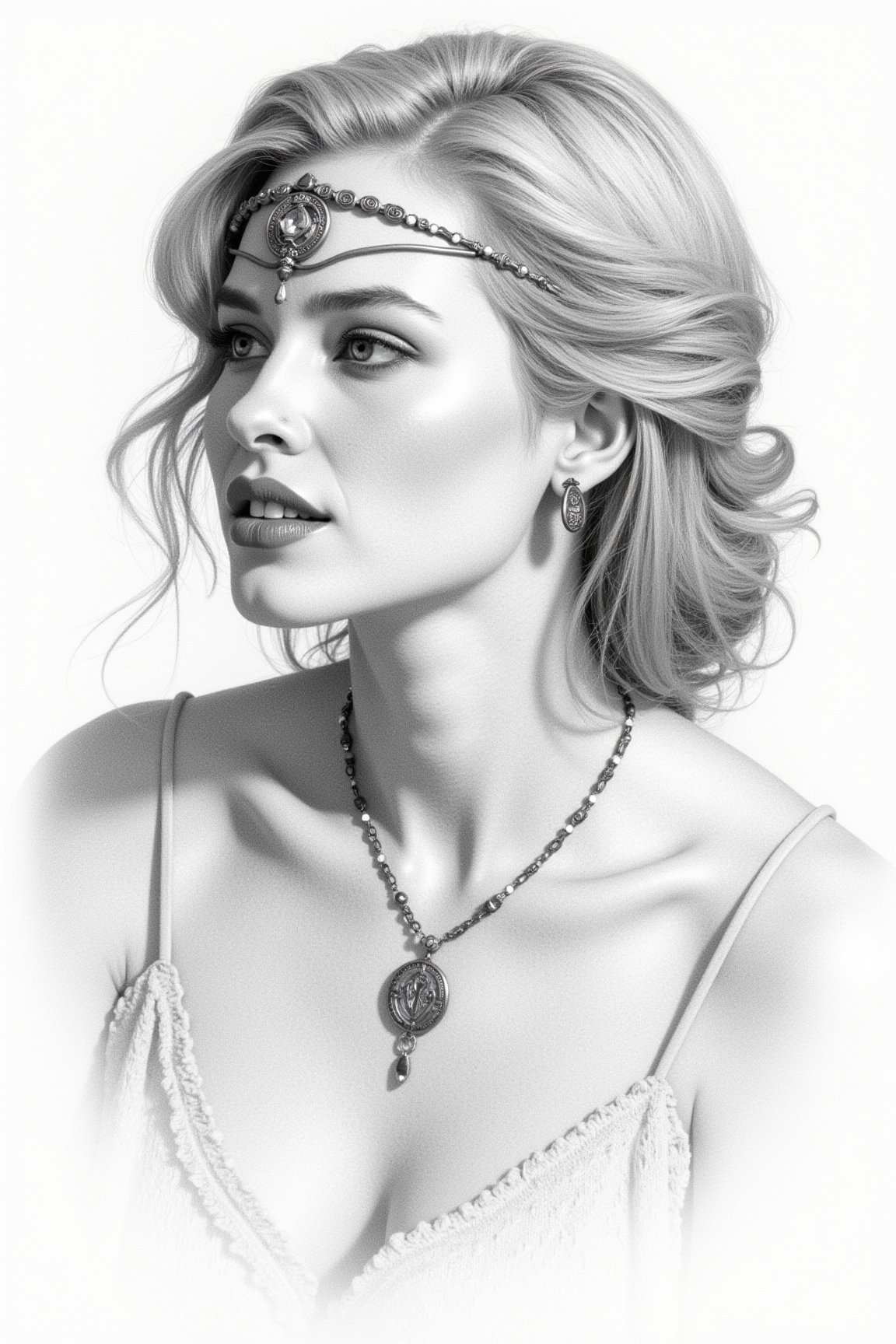 delicate (pencil portrait) of a stunning goddess wearing a circlet, necklace, arcane symbols, masterpiece, artwork, dynamic composition, beautiful lighting