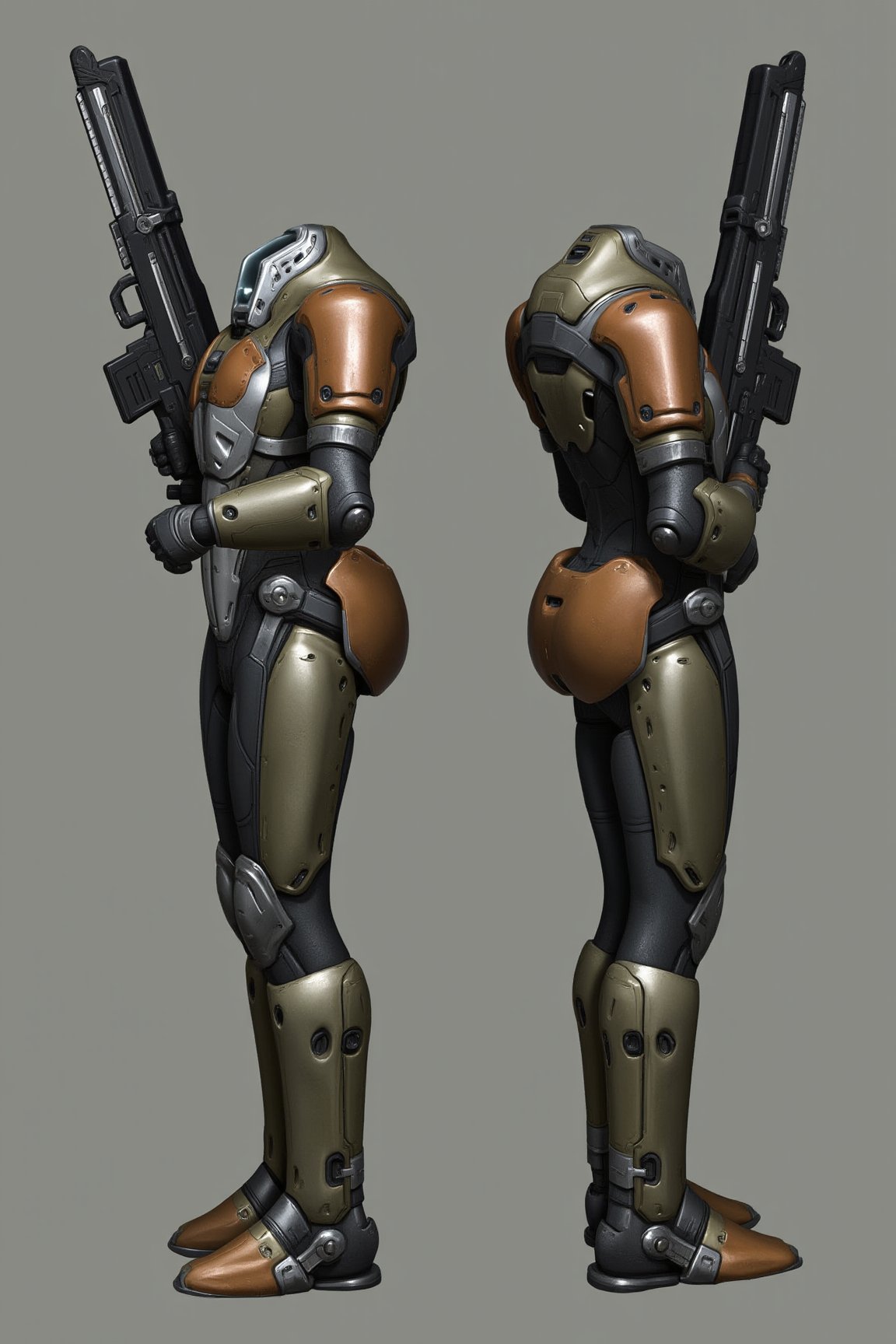 FuturisticWarrior style,, The image shows two side-by-side views of a minmatar haevy suit. The minmatar haevy is standing upright with its left arm extended upwards, holding a large gun in its right hand. The body of the minmatar haevy is made up of multiple layers of metal, with orange and silver accents. The minmatar haevy armor appears to be made of a metallic material, with intricate details and patterns. The background is a neutral gray color, making the robot stand out. The overall mood of the image is ominous and ominous.