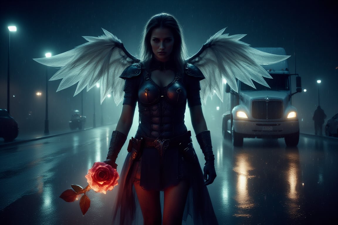 The image features a woman with angel wings, dressed in a warrior costume, walking down a rain-soaked street at night. She is carrying a glowing rose, which is prominently displayed in her hand. In the background, there is a large truck, possibly a semi, partially visible on the road. The combination of the angel wings, warrior attire, and the truck in the background creates a unique and intriguing scene. 8k uhd, dslr, raw, hdr,IllustratorFlux  style