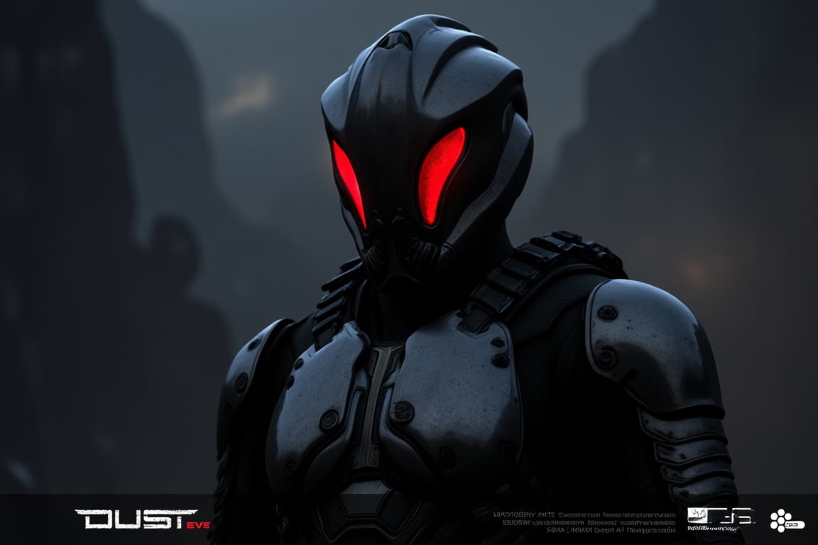 FuturisticWarrior style,, The image is a digital art piece that appears to be a futuristic or sci-fi scene. It shows a close-up of a ((gallente)) assault's head and upper body, with a metallic armor-like appearance. The ((gallente)) assault's face is covered in red eyes, giving it a futuristic and ominous look. The background is a dark, cloudy sky with a hint of smoke or dust. The overall mood of the image is dark and ominous. The word "DUST" is written in white text on the bottom right corner, with the word "EVE" in a larger font size than the rest of the text.