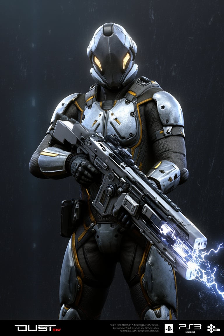 FuturisticWarrior style,,This image portrays amarr haevy, heavily armored in a high-tech, metallic exosuit. The armor is more bulky and robust, with intricate layers of plating in a silver and gray color scheme, accented by glowing yellow lines that give the suit a powerful, advanced look. The soldier's helmet is large and features a visor, adding to their intimidating presence. They are wielding an oversized, forge gun, with visible energy crackling near its muzzle, indicating it may be some kind of advanced energy. The overall scene is dark and gritty, with the background mostly obscured, adding a mysterious atmosphere. The amarr haevy's stance is firm, with both hands gripping the weapon as if preparing for combat. The "DUST 514" and PlayStation 3 logos at the bottom suggest this is part of a promotional image for the game.
