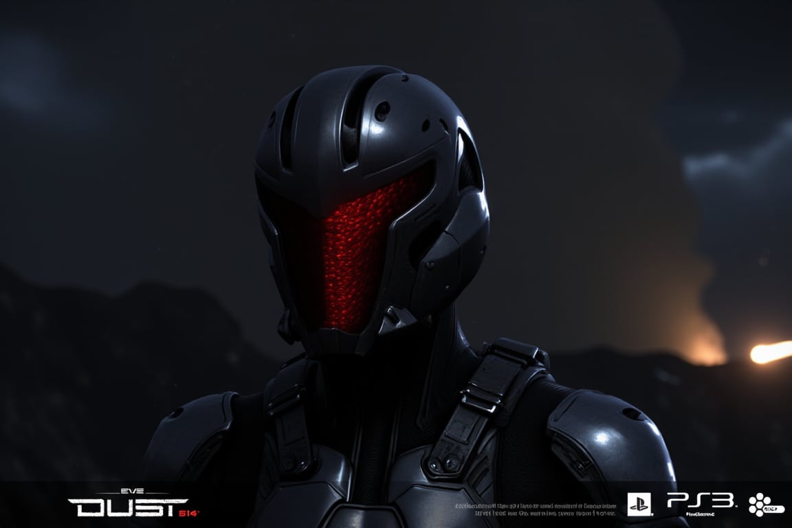 FuturisticWarrior style,, The image is a digital art piece that appears to be a futuristic or sci-fi scene. It shows a close-up of a ((gallente)) assault's head and upper body, with a metallic armor-like appearance. The ((gallente)) assault's face is covered in red eyes, giving it a futuristic and ominous look. The background is a dark, cloudy sky with a hint of smoke or dust. The overall mood of the image is dark and ominous. The word "DUST" is written in white text on the bottom right corner, with the word "EVE" in a larger font size than the rest of the text.