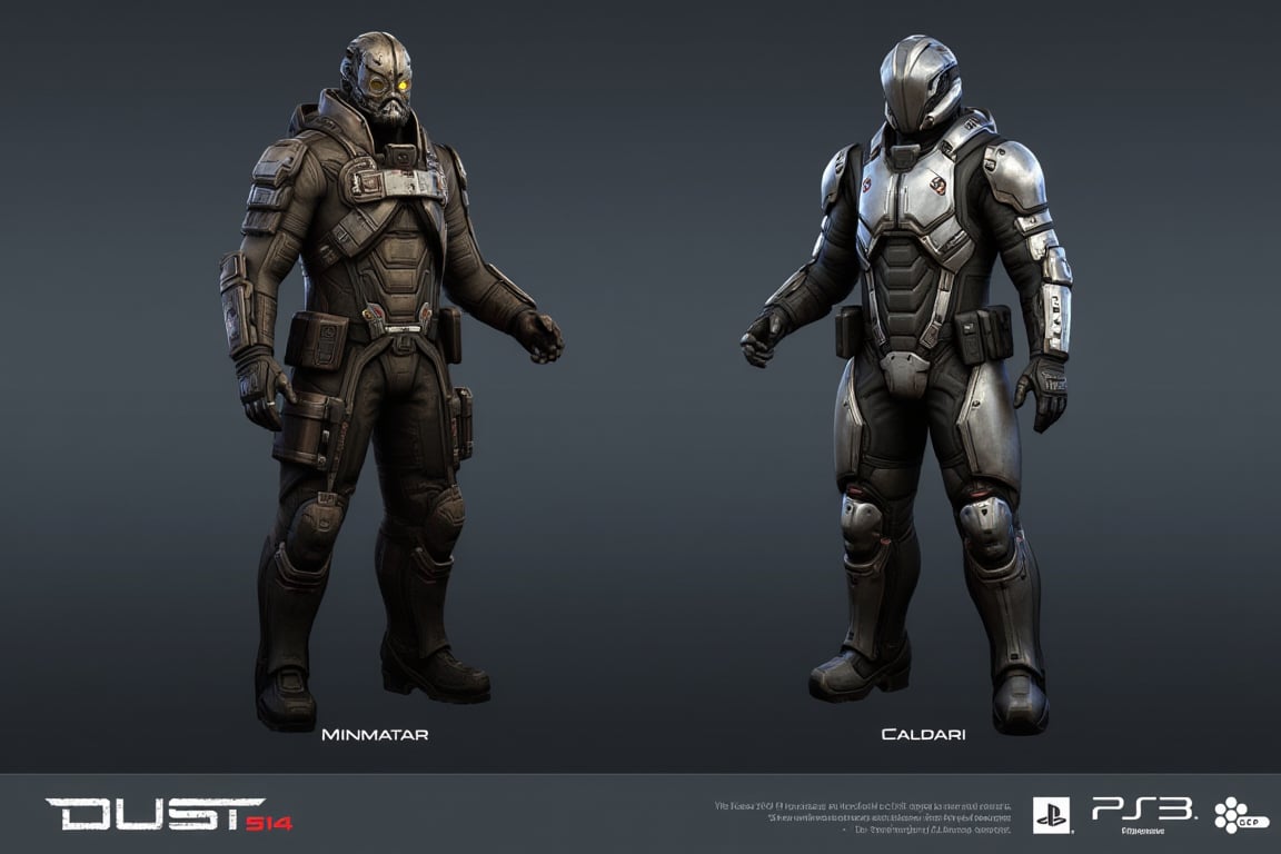 FuturisticWarrior style,, The image is a digital illustration of a futuristic (((minmatar dropsuit))) on the right and (((caldari dropsuit))) on the left. The word "DUST514" is written in bold white letters at the bottom of the illustration.