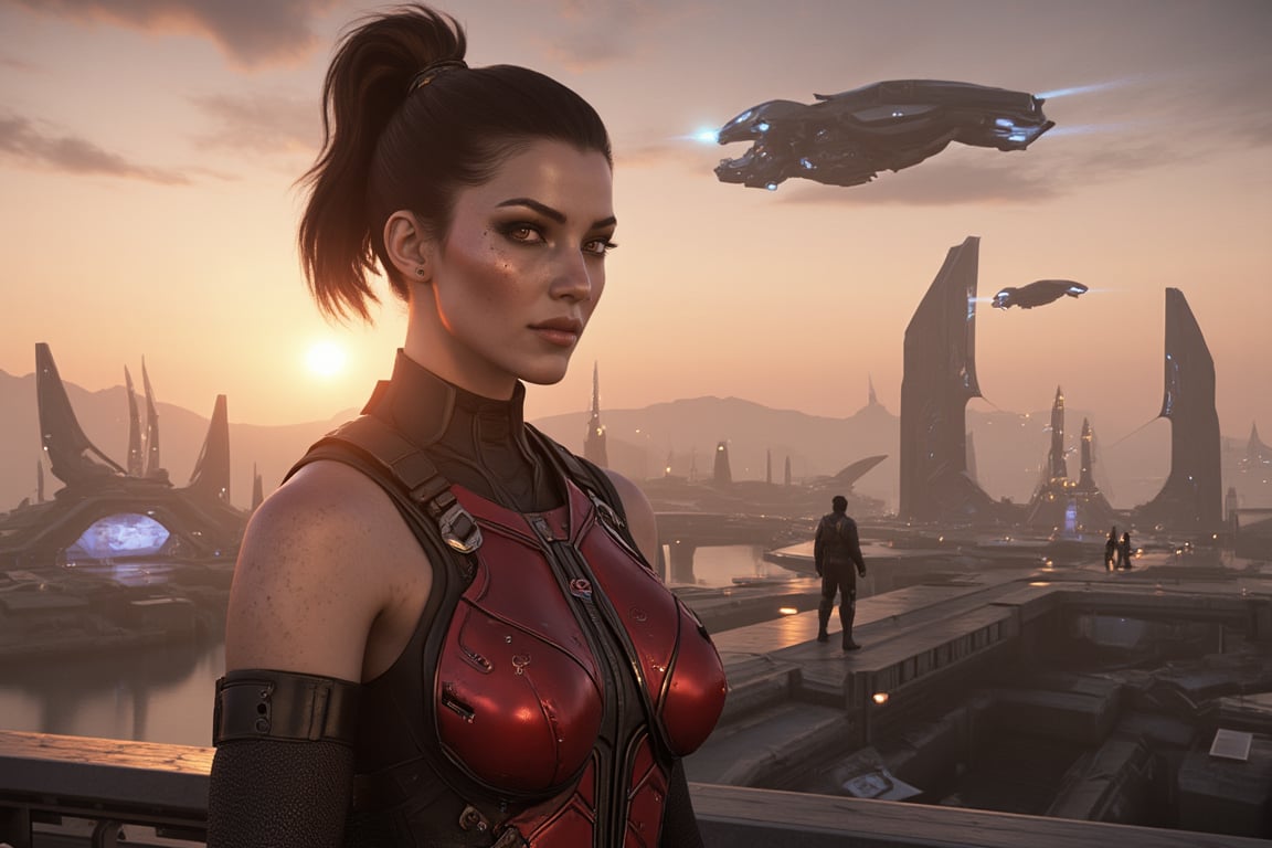 FuturisticWarrior style,,close up to female, The image is a digital illustration of a futuristic aderian female on the futuristic stone bridge,futuristic city landscape in the background, sunset, dropship on the sky