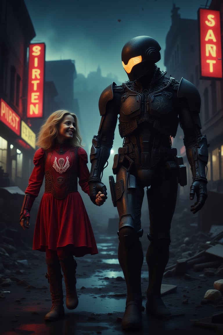 Photo. A rundown cyberpunk city street at night with broken neon signs and rubble. A little girl is walking. She has long blonde wavy hair and she is wearing a red armored suit with technology and a vital signs display. She is holding hands with her guardian who is a dark metal robot which is slightly worn. She is smiling at her guardian. The robot is armed with futuristic weapons so it can keep the little girl safe. It looks like the robot is smiling back at the girl with its glowing visor.