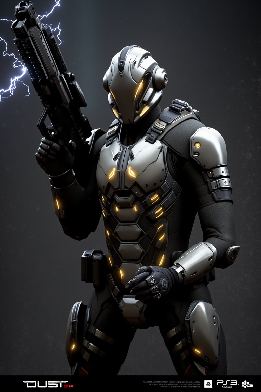 FuturisticWarrior style,,This image portrays amarr haevy, heavily armored in a high-tech, metallic exosuit. The armor is more bulky and robust, with intricate layers of plating in a silver and gray color scheme, accented by glowing yellow lines that give the suit a powerful, advanced look. The soldier's helmet is large and features a visor, adding to their intimidating presence. They are wielding an oversized, forge gun, with visible energy crackling near its muzzle, indicating it may be some kind of advanced energy. The overall scene is dark and gritty, with the background mostly obscured, adding a mysterious atmosphere. The amarr haevy's stance is firm, with both hands gripping the weapon as if preparing for combat. The "DUST 514" and PlayStation 3 logos at the bottom suggest this is part of a promotional image for the game.