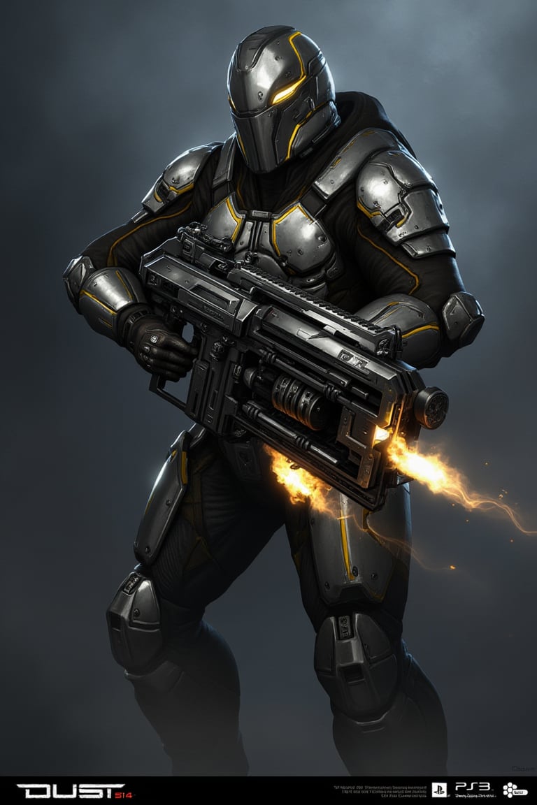 FuturisticWarrior style,,This image portrays amarr haevy, heavily armored in a high-tech, metallic exosuit. The armor is more bulky and robust, with intricate layers of plating in a silver and gray color scheme, accented by glowing yellow lines that give the suit a powerful, advanced look. The soldier's helmet is large and features a visor, adding to their intimidating presence. They are wielding an oversized, forge gun, with visible energy crackling near its muzzle, indicating it may be some kind of advanced energy. The overall scene is dark and gritty, with the background mostly obscured, adding a mysterious atmosphere. The amarr haevy's stance is firm, with both hands gripping the weapon as if preparing for combat. The "DUST 514" and PlayStation 3 logos at the bottom suggest this is part of a promotional image for the game.
