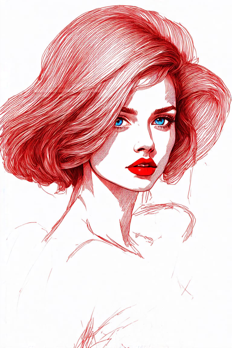 (best quality,8K,highres,masterpiece,raw image), ultra-detailed, pencil Sketch of a woman, with blonde short hair, wavy hair, alluring, portrait in ink drawing, illustrative art, soft lighting, detailed, more Flowing rhythm, elegant, low contrast, add soft blur with thin line, red lipstick, blue eyes, 4K, 8k HD, high quality,(android girl by Carne Griffiths, Conrad Roset, red theme), digital painting, smooth, defined lines, sharp focus, More Detail XL, muted color, pastel color, low contrast,aderekangel