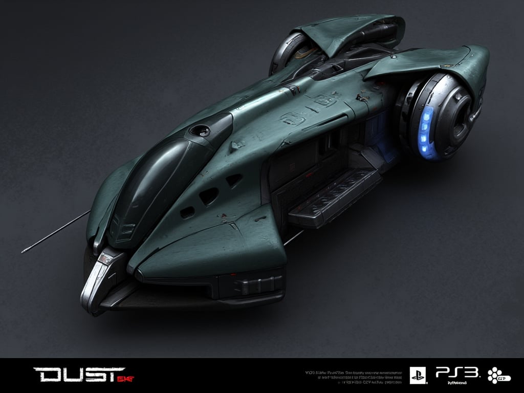 FuturisticWarrior style,, The image is a digital illustration of a futuristic gallente dropship. The gallente dropship is in the center of the image and is facing towards the left side. It has a sleek, metallic design with a dark green and black color scheme. The body of the gallente dropship has a large, angular shape with a pointed nose and a pointed tail. On the right side of the body, there is a large circular wheel with a blue light emanating from it. The wheel is connected to the body by a thin metal rod. The background is a dark, textured surface with a rough, uneven texture. The word "DUST" is written in bold white letters at the bottom of the illustration.