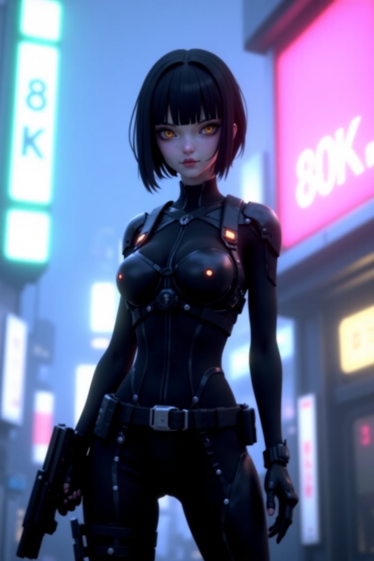 A 28-year-old European woman with sleeved black hair and striking hazel eyes stands in a dynamic action pose, rendered in a 3D animation style with anime influences. She is a cyborg gothic hybrid, blending human and android features seamlessly. Dressed in a harness with a holster, she carries a handgun, ready for action. The scene is set in a cyberpunk cityscape of Tokyo, Japan, with vibrant neon lights and a glowing sign displaying the text "80K! Thank you all." The image is captured from a low-angle shot, enhancing the intensity of the moment, with depth of field emphasizing her powerful presence. The environment is rich in fantasy details, yet photorealistic, creating a stunning contrast between the futuristic setting and the beautiful woman at its center.