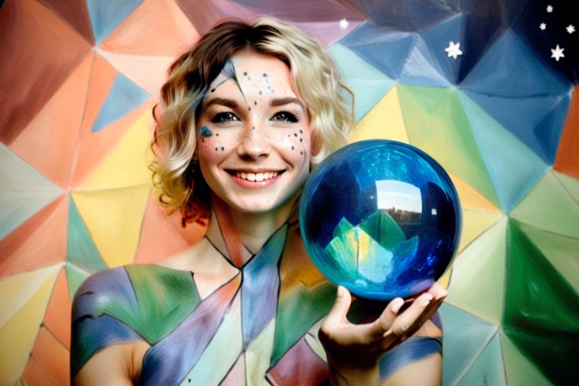 (woman with magical orb:1.3) painted in (Gotye-feat-Kimbra-Somebody style:0.6),  (blonde)  tight pigtail freckled  hair, smile, happy,from behind,  