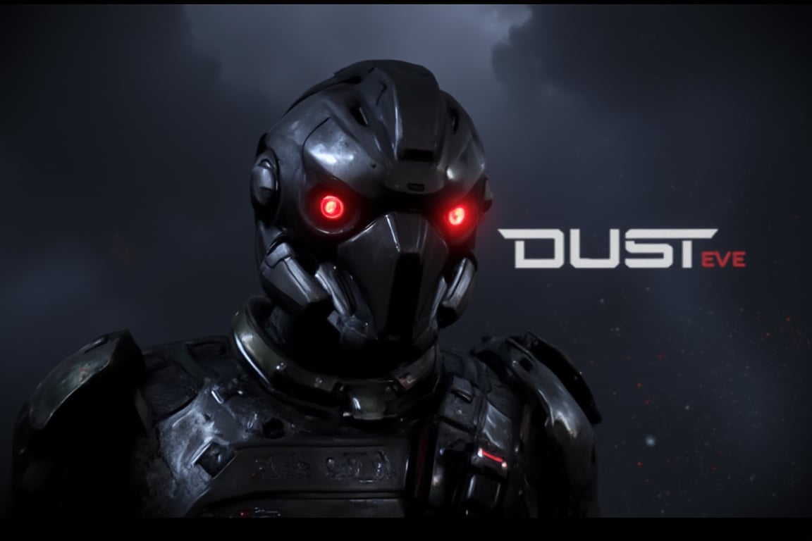 FuturisticWarrior style,, The image is a digital art piece that appears to be a futuristic or sci-fi scene. It shows a close-up of a gallente assault's head and upper body, with a metallic armor-like appearance. The gallente assault's face is covered in red eyes, giving it a futuristic and ominous look. The background is a dark, cloudy sky with a hint of smoke or dust. The overall mood of the image is dark and ominous. The word "DUST" is written in white text on the bottom right corner, with the word "EVE" in a larger font size than the rest of the text.