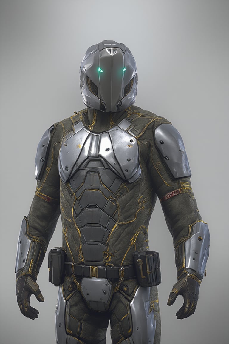 FuturisticWarrior style,,This image portrays amarr haevy, heavily armored in a high-tech, metallic exosuit. The armor is more bulky and robust, with intricate layers of plating in a silver and gray color scheme, accented by glowing yellow lines that give the suit a powerful, advanced look. The soldier's helmet is large and features a visor, adding to their intimidating presence. They are wielding an oversized, forge gun, with visible energy crackling near its muzzle, indicating it may be some kind of advanced energy. The overall scene is dark and gritty, with the background mostly obscured, adding a mysterious atmosphere. The amarr haevy's stance is firm, with both hands gripping the weapon as if preparing for combat. The "DUST 514" and PlayStation 3 logos at the bottom suggest this is part of a promotional image for the game.
