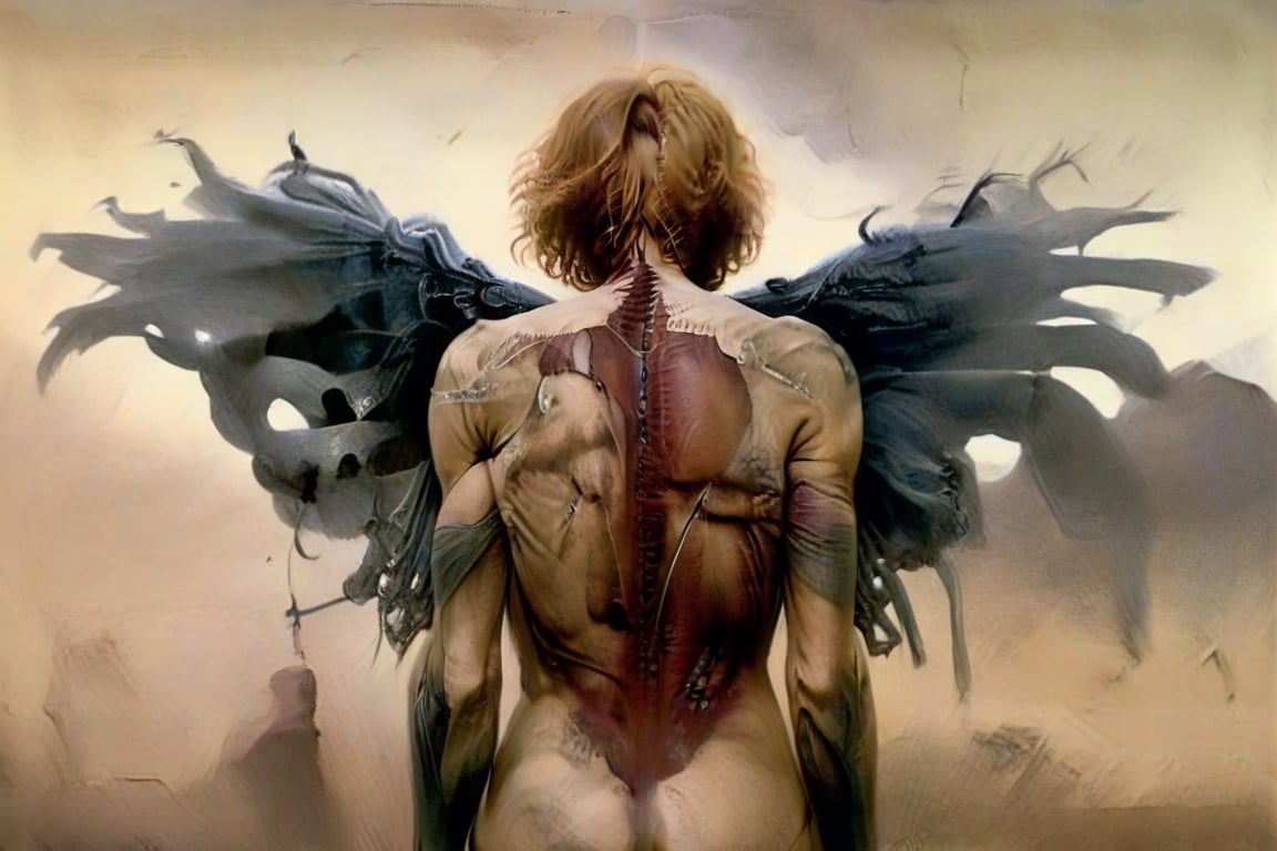 raw photo of (female angel going out ocean:1.1) (painted) in (Gotye-feat-Kimbra-Somebody style:0.6),  (blonde)  tight pigtail freckled  hair, sad, happy,from behind,(digital artwork by Beksinski:0.6)

 