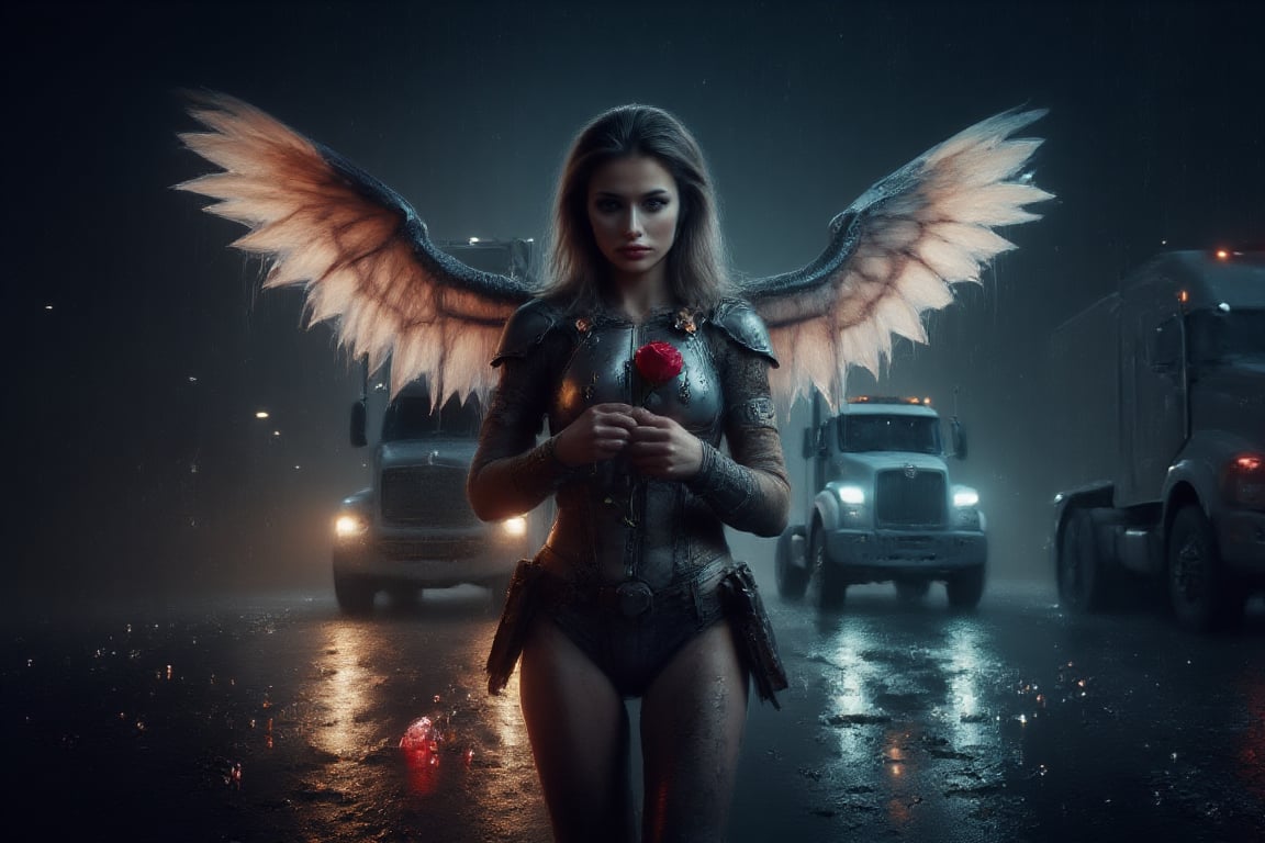 The image features a woman with angel wings, dressed in a warrior costume, walking down a rain-soaked street at night. She is carrying a glowing rose, which is prominently displayed in her hand. In the background, there is a large truck, possibly a semi, partially visible on the road. The combination of the angel wings, warrior attire, and the truck in the background creates a unique and intriguing scene. 8k uhd, dslr, raw, hdr,IllustratorFlux  style