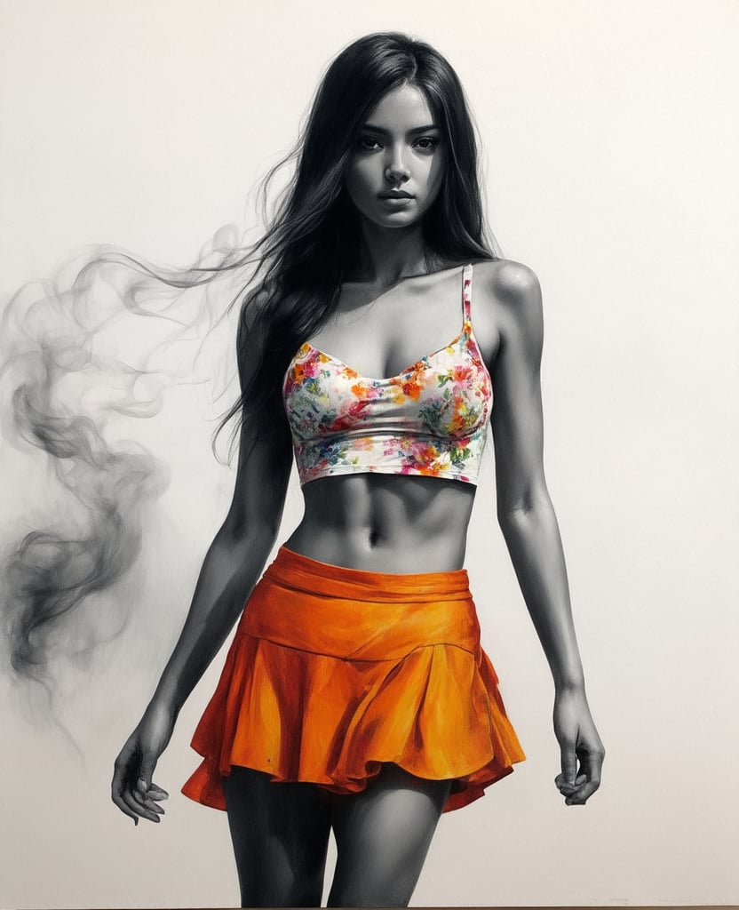 Half body, charcoal, A portrait of a beautiful young Thai woman painted with the delicate technique of Chinese alcohol ink. She is wearing a cool summer floral undershirt, with long flowing hair, and a small skirt with a bright orange color that shows off her legs. This is a full-body close-up, emphasizing her beautiful figure and the white porcelain texture of her skin. She stands quietly in the crowd, surrounded by a mysterious smoke. The painting is dominated by vivid colors, realistic techniques, and cinematic lighting effects. The ink-play technique emphasizes the dynamism and tension of the painting, creating a lively yet mysterious and violent atmosphere., alcochse