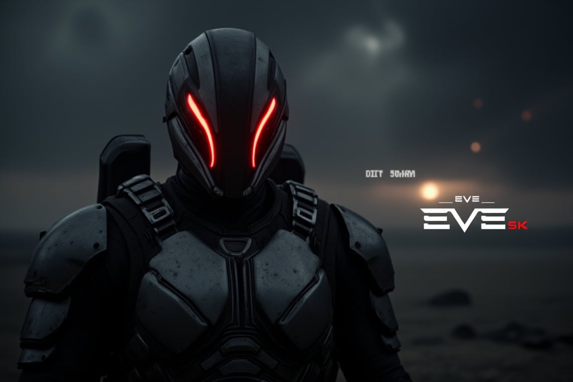 FuturisticWarrior style,, The image is a digital art piece that appears to be a futuristic or sci-fi scene. It shows a close-up of a gallente assault's head and upper body, with a metallic armor-like appearance. The gallente assault's face is covered in red eyes, giving it a futuristic and ominous look. The background is a dark, cloudy sky with a hint of smoke or dust. The overall mood of the image is dark and ominous. The word "DUST" is written in white text on the bottom right corner, with the word "EVE" in a larger font size than the rest of the text.