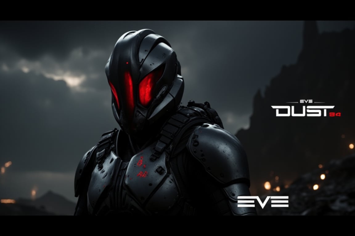 FuturisticWarrior style,, The image is a digital art piece that appears to be a futuristic or sci-fi scene. It shows a close-up of a ((gallente)) assault's head and upper body, with a metallic armor-like appearance. The ((gallente)) assault's face is covered in red eyes, giving it a futuristic and ominous look. The background is a dark, cloudy sky with a hint of smoke or dust. The overall mood of the image is dark and ominous. The word "DUST" is written in white text on the bottom right corner, with the word "EVE" in a larger font size than the rest of the text.