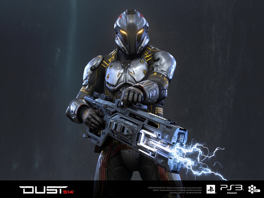 FuturisticWarrior style,,This image portrays amarr heavy, heavily armored in a high-tech, metallic exosuit. The armor is more bulky and robust, with intricate layers of plating in a silver and gray color scheme, accented by glowing yellow lines that give the suit a powerful, advanced look. The amarr heavy dropsuit's helmet is large and features a visor, adding to their intimidating presence. They are wielding an oversized, forge gun, with visible energy crackling near its muzzle, indicating it may be some kind of advanced energy. The overall scene is dark and gritty, with the background mostly obscured, adding a mysterious atmosphere. The amarr heavy's stance is firm, with both hands gripping the weapon as if preparing for combat. The "DUST 514" and PlayStation 3 logos at the bottom suggest this is part of a promotional image for the game.