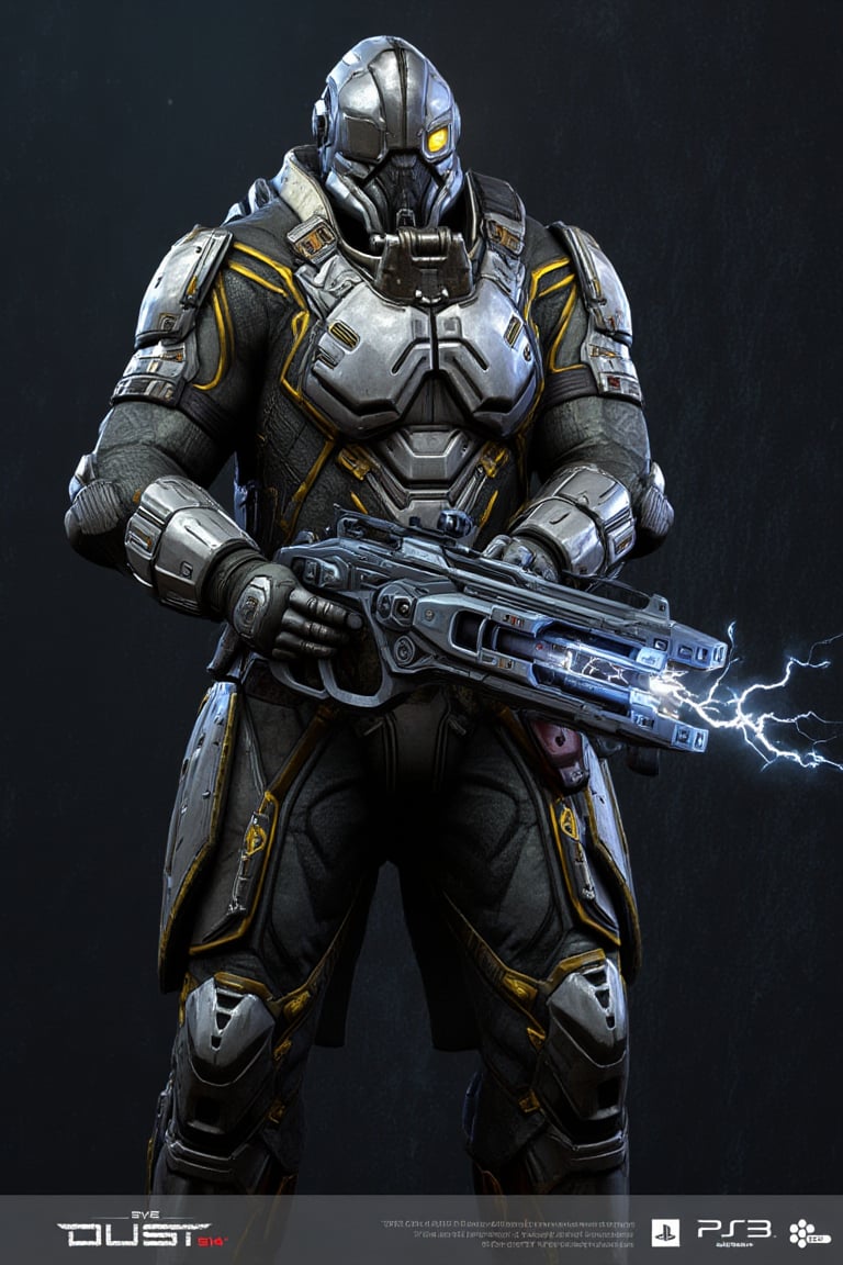 FuturisticWarrior style,,This image portrays amarr haevy, heavily armored in a high-tech, metallic exosuit. The armor is more bulky and robust, with intricate layers of plating in a silver and gray color scheme, accented by glowing yellow lines that give the suit a powerful, advanced look. The soldier's helmet is large and features a visor, adding to their intimidating presence. They are wielding an oversized, forge gun, with visible energy crackling near its muzzle, indicating it may be some kind of advanced energy. The overall scene is dark and gritty, with the background mostly obscured, adding a mysterious atmosphere. The amarr haevy's stance is firm, with both hands gripping the weapon as if preparing for combat. The "DUST 514" and PlayStation 3 logos at the bottom suggest this is part of a promotional image for the game.
