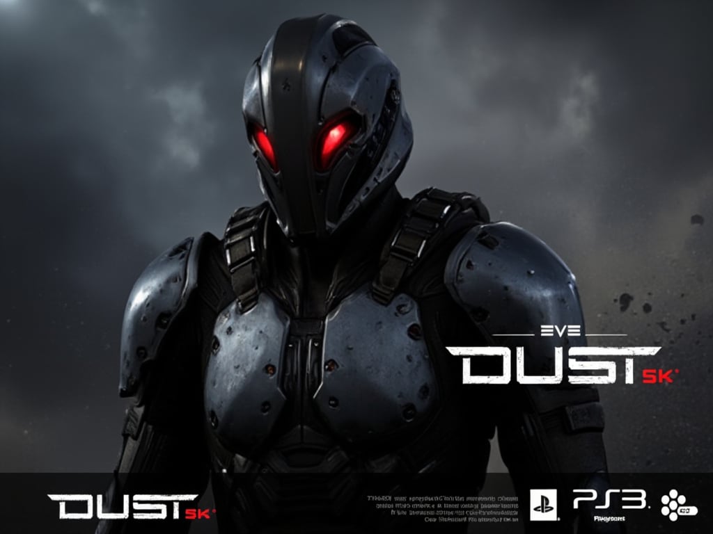  FuturisticWarrior style,, The image is a digital art piece that appears to be a futuristic or sci-fi scene. It shows a close-up of a gallente assault's head and upper body, with a metallic armor-like appearance. The gallente assault's face is covered in red eyes, giving it a futuristic and ominous look. The background is a dark, cloudy sky with a hint of smoke or dust. The overall mood of the image is dark and ominous. The word "DUST" is written in white text on the bottom right corner, with the word "EVE" in a larger font size than the rest of the text.