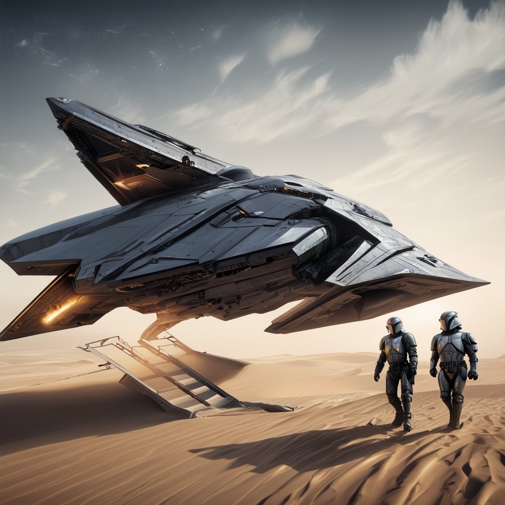 A starship razor crest  landing on desert,thrusts from the jet engine,parked on ground,side door open,ramp from the door,mandalorian walking out of the ship,sand,sky,cloud,realistic,detailed,sharp focus,high contrast,