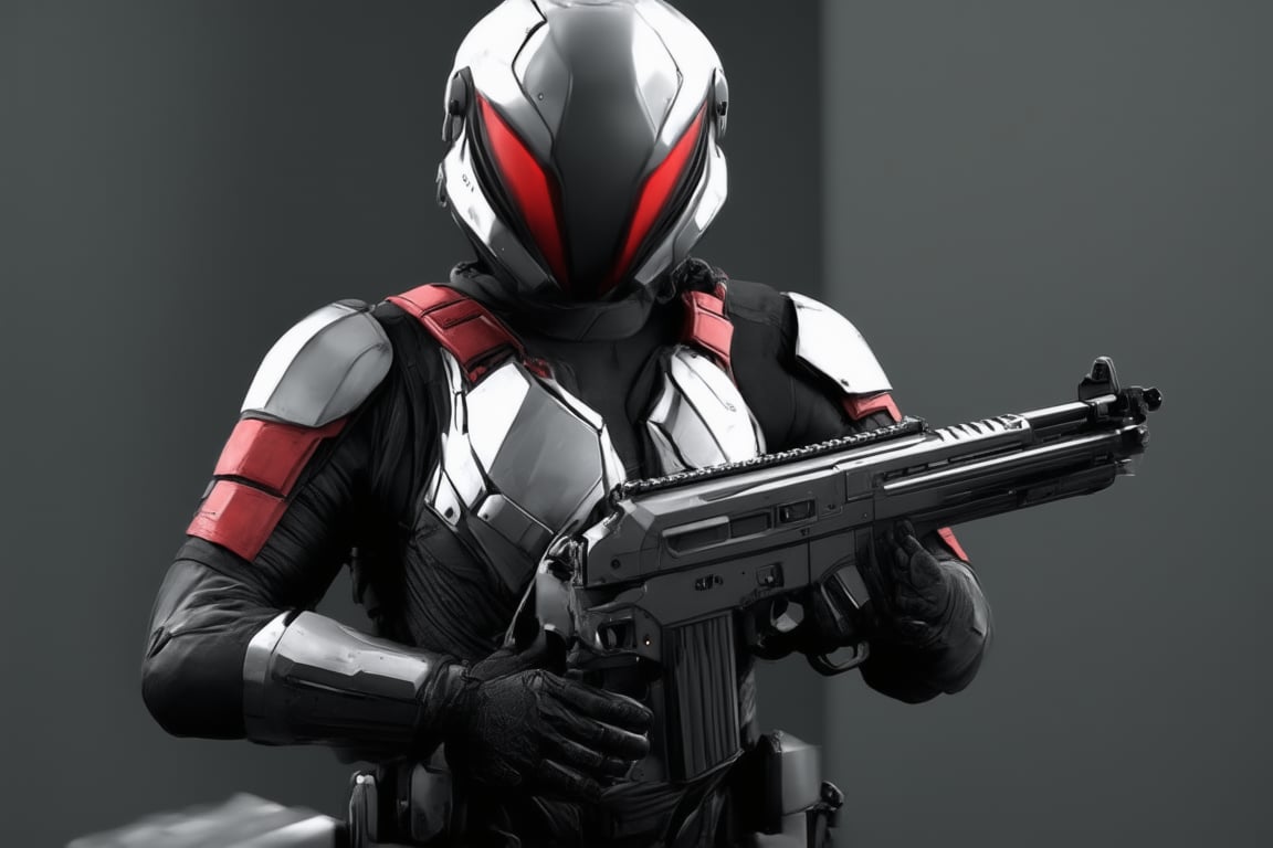 The image features a close-up of a person in a silver and red outfit, possibly a soldier, holding a gun. The person is wearing a helmet, which is the main focus of the image. The helmet is likely designed for protection during combat or other hazardous situations. The outfit, which appears to be a combination of a soldier's uniform and a futuristic look, gives the impression that the person might be from a world where advanced technology is integrated into everyday life.