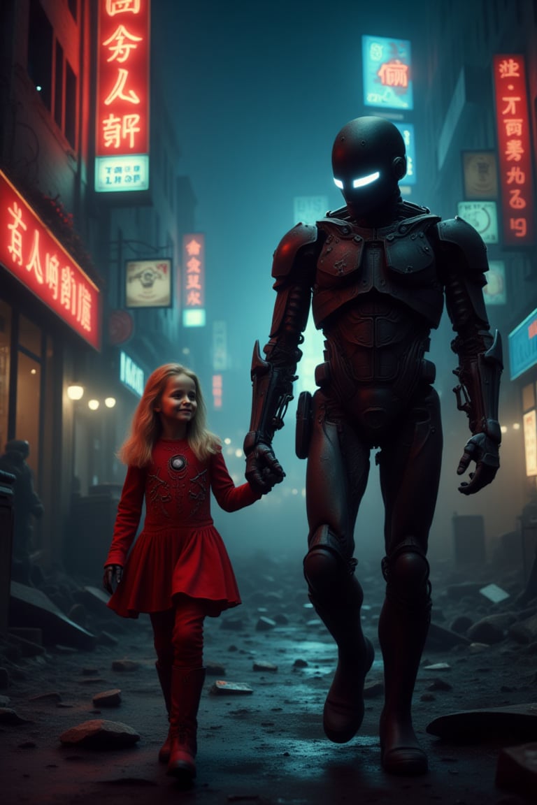 Photo. A rundown cyberpunk city street at night with broken neon signs and rubble. A little girl is walking. She has long blonde wavy hair and she is wearing a red armored suit with technology and a vital signs display. She is holding hands with her guardian who is a dark metal robot which is slightly worn. She is smiling at her guardian. The robot is armed with futuristic weapons so it can keep the little girl safe. It looks like the robot is smiling back at the girl with its glowing visor.