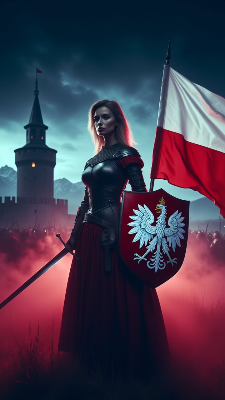 female with polish eagle on the shield, holding long sword, polish flag on the tower, battlefield in the background,polishswordsman