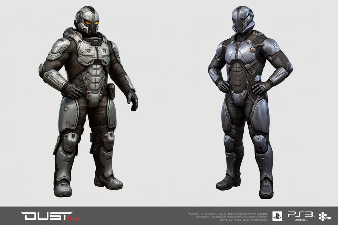 FuturisticWarrior style,, The image is a digital illustration of a futuristic (((minmatar dropsuit))) on the right and (((caldari dropsuit))) on the left. The word "DUST514" is written in bold white letters at the bottom of the illustration.