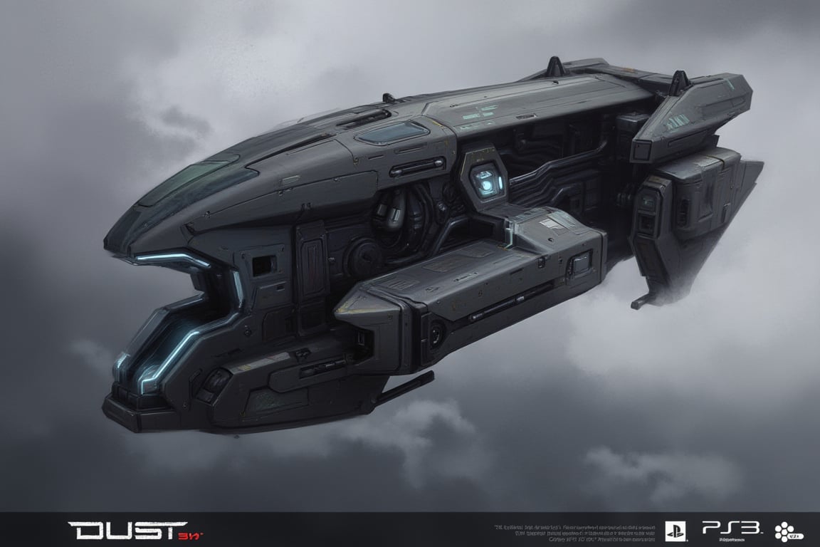 FuturisticWarrior style,, The image is a digital illustration of a futuristic  gallente dropship. The  gallente dropship is in the center of the image, with its body facing towards the left side of the frame. It has a sleek, metallic design with a pointed nose and a pointed tail. The body of the  gallente dropship is covered in a dark grey and black color scheme, with a hint of blue on the side. The cockpit is open, revealing a large circular window with a blue light emanating from it. There are several wires and cables running along the sides of the cockpit, and a large wheel with a circular design on the right side of it. The background is a mix of gray and white clouds, giving the impression of a cloudy sky. The word "DUST" is written in bold white letters at the bottom of the illustration.