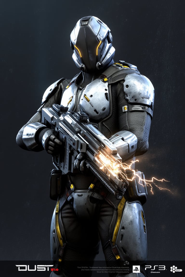 FuturisticWarrior style,,This image portrays amarr haevy, heavily armored in a high-tech, metallic exosuit. The armor is more bulky and robust, with intricate layers of plating in a silver and gray color scheme, accented by glowing yellow lines that give the suit a powerful, advanced look. The soldier's helmet is large and features a visor, adding to their intimidating presence. They are wielding an oversized, forge gun, with visible energy crackling near its muzzle, indicating it may be some kind of advanced energy. The overall scene is dark and gritty, with the background mostly obscured, adding a mysterious atmosphere. The amarr haevy's stance is firm, with both hands gripping the weapon as if preparing for combat. The "DUST 514" and PlayStation 3 logos at the bottom suggest this is part of a promotional image for the game.
