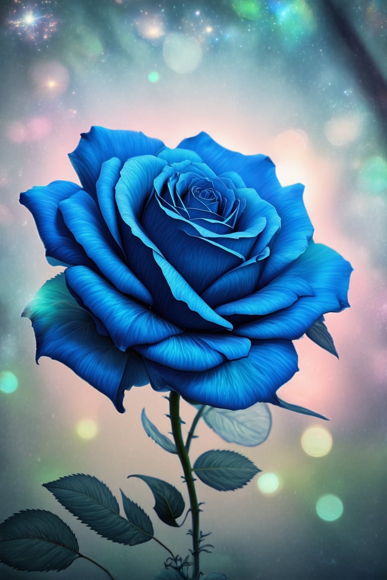 crystal spring blossom, fantasy, galaxy, transparent, shimmering, sparkling, splendid, colorful, magical photography, dramatic lighting, photo realism, ultra-detailed, 4k, Depth of field, High-resolution, blue Rose