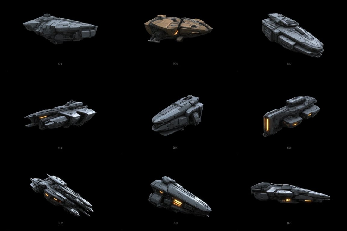 FuturisticWarrior style,, The image is a collection of nine different types of futuristic vehicles. The vehicles are arranged in a grid-like pattern on a black background. Each vehicle has a unique design and color scheme. 

The first vehicle on the top left is a gray caldari LAV with a sleek and angular design. It has a large front grille and two headlights. The second vehicle in the top center is a dark blue gallente LAV with two large wheels. The third vehicle is a light brown minmatar LAV with four large tires. The fourth vehicle is an armored amarr LAV with a large rear wheel and a smaller rear wheel. The fifth vehicle is in the middle of the image is a caldari HAV. The sixth vehicle is on the bottom left is a gallente HAV, the seventh vehicle is minmatar HAV at the top right, the eighth vehicle is to the right is a amarr hav, and the ninth vehicle is near the bottom right is a caldari dropship. The tenth vehicle is a gallente dropship. The last one is slightly larger than the other two and it is amarr dropship.

There are Twelve vehicles in total, each with a different color scheme and design. Some of the vehicles have a metallic finish, while others have a matte finish. There is also a small logo of a shield with the letter "EVE TV" on it, indicating that the vehicles are part of the EVE TV series.