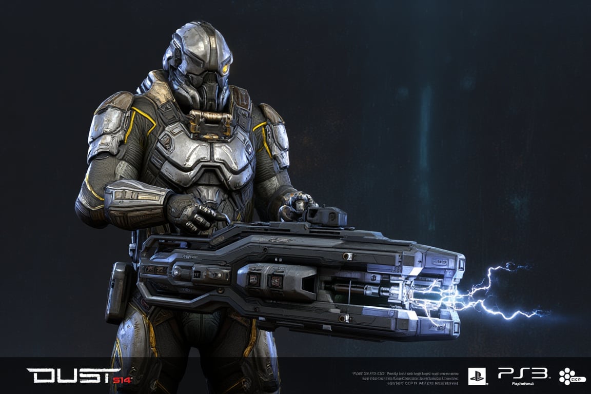  FuturisticWarrior style,,This image portrays amarr haevy, heavily armored in a high-tech, metallic exosuit. The armor is more bulky and robust, with intricate layers of plating in a silver and gray color scheme, accented by glowing yellow lines that give the suit a powerful, advanced look. The soldier's helmet is large and features a visor, adding to their intimidating presence. They are wielding an oversized, forge gun, with visible energy crackling near its muzzle, indicating it may be some kind of advanced energy. The overall scene is dark and gritty, with the background mostly obscured, adding a mysterious atmosphere. The amarr haevy's stance is firm, with both hands gripping the weapon as if preparing for combat. The "DUST 514" and PlayStation 3 logos at the bottom suggest this is part of a promotional image for the game.