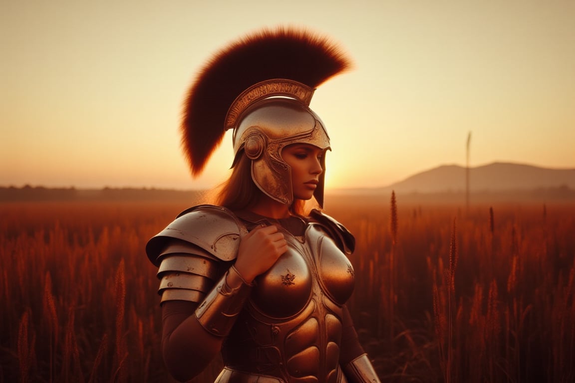 AngelDreamFlux, The image features a woman in a warrior costume, complete with a helmet, standing in a field under a beautiful sunset. The woman appears to be the main subject of the photo, with the golden helmet emphasizing her character as a warrior. The background consists of the sky and the field, providing a serene and natural setting for the scene. The combination of the woman's costume, the warrior theme, and the stunning sunset creates a captivating and visually appealing image.