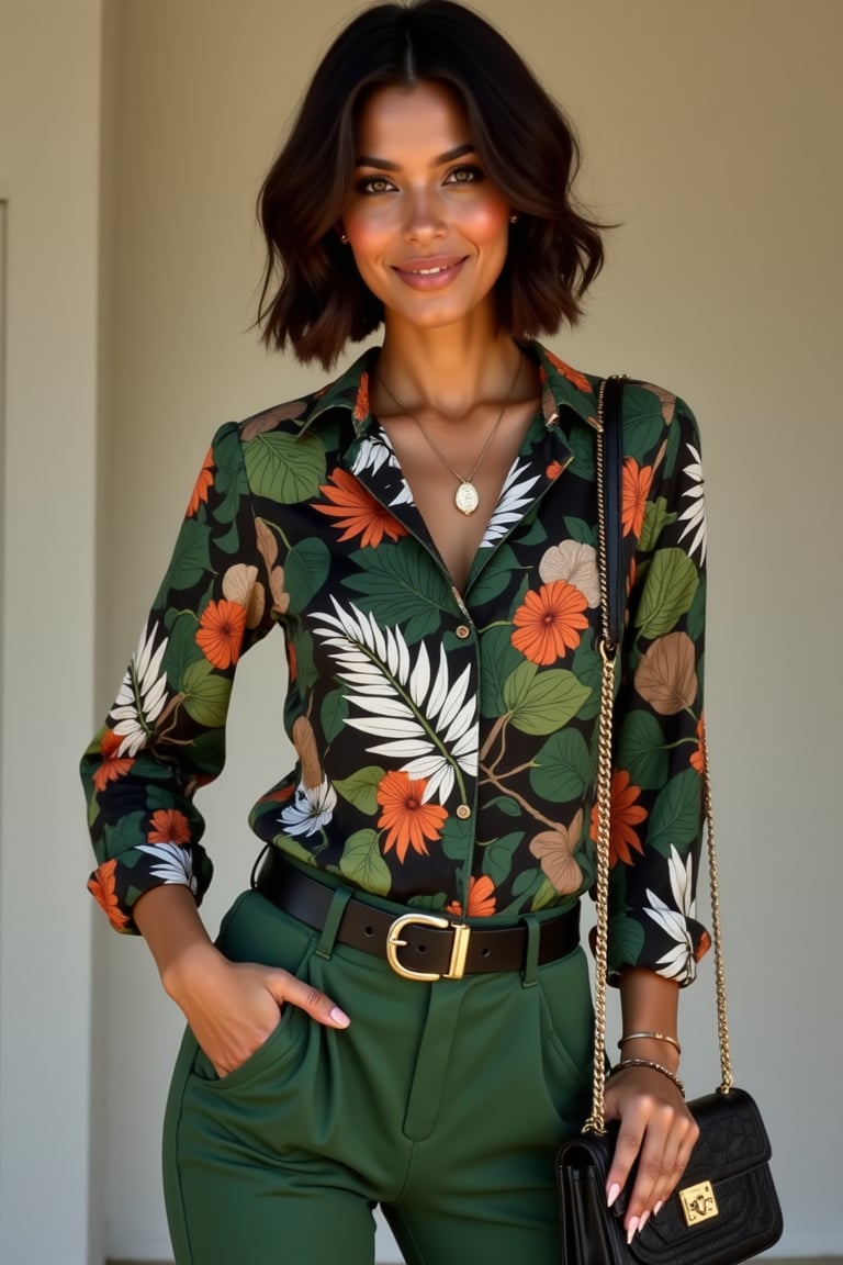 Full body photo of a Stunningly beautiful cute brunnette latina ((extremely attractive))  with brown skin short hair high cheekbones really small button nose small lips and brown honey eyes wearing a long-sleeve blouse with a bold, colorful print. The blouse features a mix of tropical and abstract patterns, including leaves and stylized bird motifs. The colors are vibrant, including shades of green, orange, white, and brown on a black background. She is wearing high-waisted, tailored pants in a solid olive green color. The pants are fitted and have a clean, sleek look. The outfit is accessorized with a black belt that has a large gold buckle. She is also holding a small, elegant handbag with a gold chain strap and a textured, metallic finish. happy, sexy body, sexy hips, small waist, fit, (gold necklace) (gold bracelet) perfect eyes, close up, backlit, flirty, alluring pose, morena, latina, newt lipstick, A girl dancing ,photo real, smooth skin, wide hips