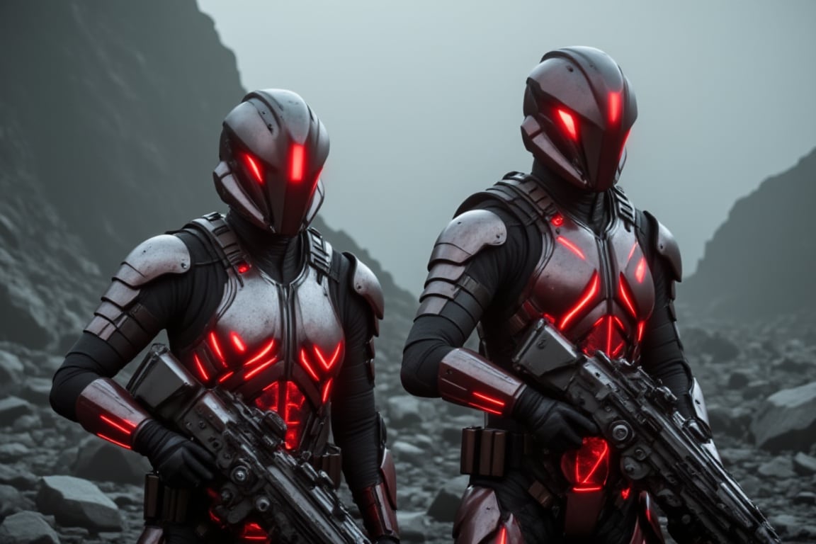 FuturisticWarrior style,, The image shows two futuristic aderian assaults standing side by side, facing each other. They are both wearing red armor with intricate patterns and designs. The aderian assault armor appears to be made of metal and has a shiny, metallic finish. The aderian assaults are standing in a rocky area with large rocks and debris scattered around them. The sky is overcast and the overall mood of the image is dark and ominous. The aderian assault on the left is facing away from the camera, while the aderian assault in the middle is facing towards the right. Both aderian assaults have a serious expression on their faces.