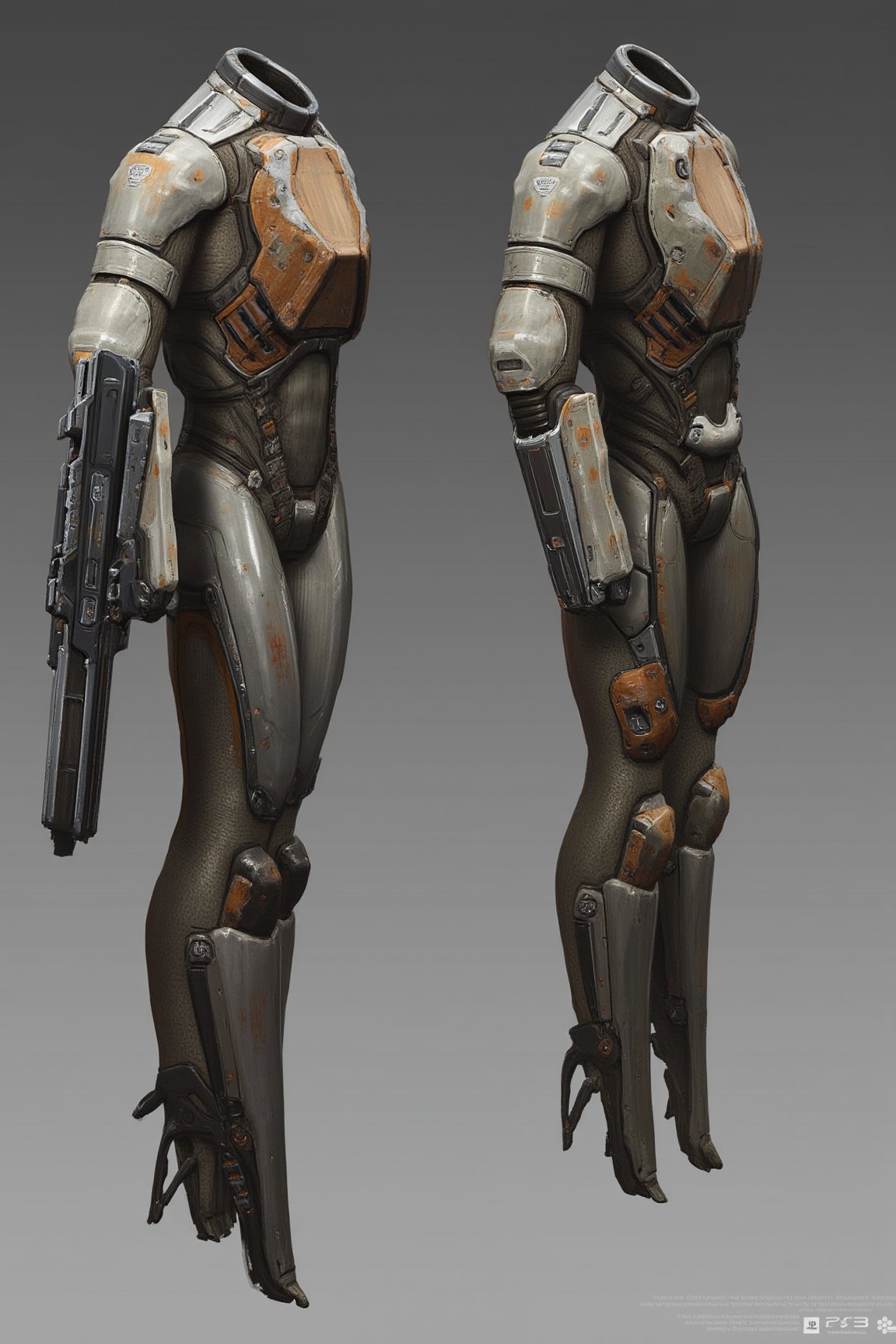 FuturisticWarrior style,, The image shows two side-by-side views of a minmatar haevy suit. The minmatar haevy is standing upright with its left arm extended upwards, holding a large gun in its right hand. The body of the minmatar haevy is made up of multiple layers of metal, with orange and silver accents. The minmatar haevy armor appears to be made of a metallic material, with intricate details and patterns. The background is a neutral gray color, making the robot stand out. The overall mood of the image is ominous and ominous.