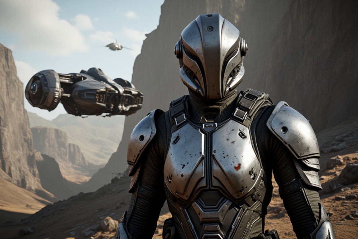 FuturisticWarrior style,,This image portrays (((amarr haevy))), heavily armored in a high-tech, metallic exosuit. (((gallente dropship ))) in the background