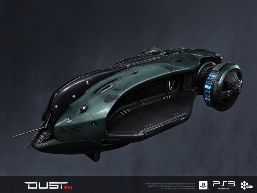 FuturisticWarrior style,, The image is a digital illustration of a futuristic gallente dropship. The gallente dropship is in the center of the image and is facing towards the left side. It has a sleek, metallic design with a dark green and black color scheme. The body of the gallente dropship has a large, angular shape with a pointed nose and a pointed tail. On the right side of the body, there is a large circular wheel with a blue light emanating from it. The wheel is connected to the body by a thin metal rod. The background is a dark, textured surface with a rough, uneven texture. The word "DUST" is written in bold white letters at the bottom of the illustration.