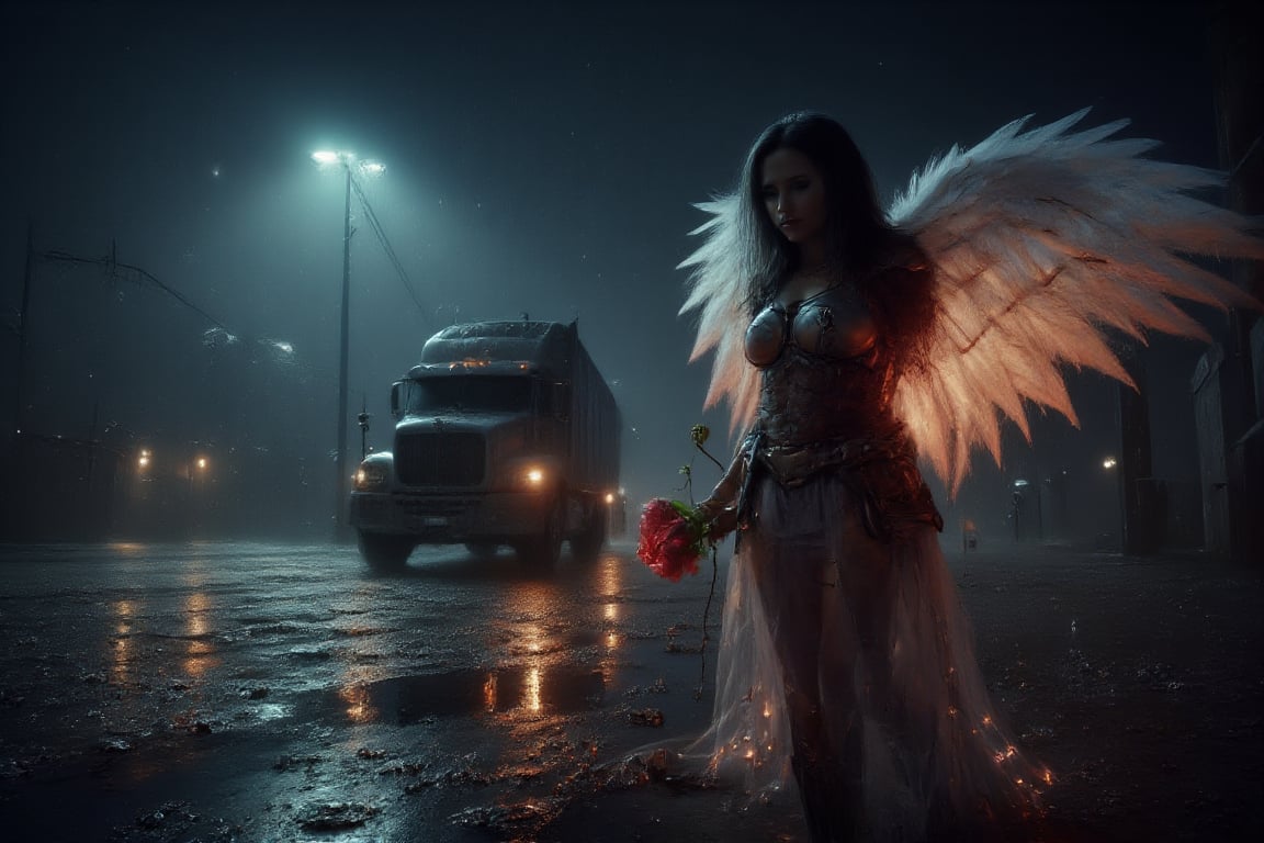 The image features a woman with angel wings, dressed in a warrior costume, walking down a rain-soaked street at night. She is carrying a glowing rose, which is prominently displayed in her hand. In the background, there is a large truck, possibly a semi, partially visible on the road. The combination of the angel wings, warrior attire, and the truck in the background creates a unique and intriguing scene. 8k uhd, dslr, raw, hdr,IllustratorFlux  style