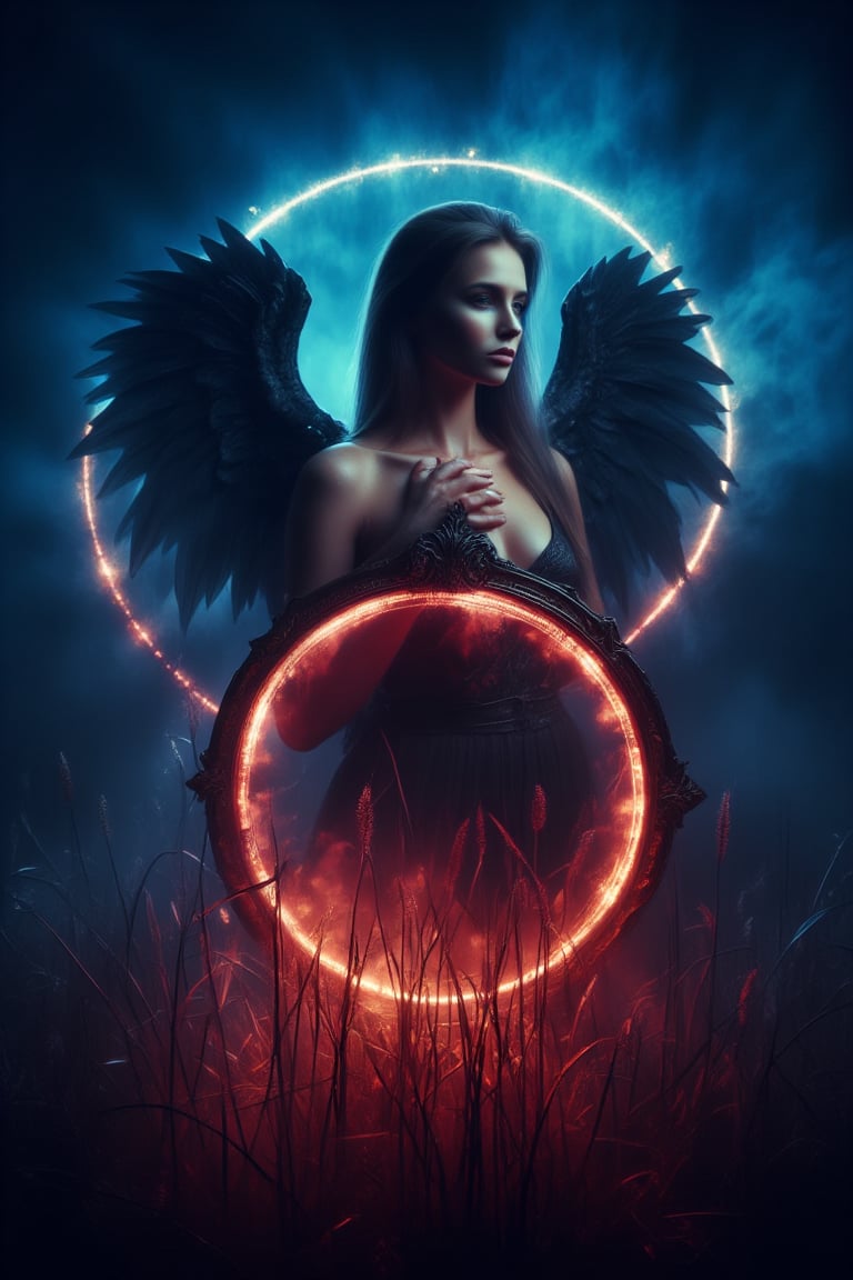 (high budget Hollywood film:1.2),(cinematic film still portrait of ) caldari angel,mirror, dark fantasy, magical forest , glowing grass, , raw, 8k UHD, dslr, , F/8, , captured on a (Hasselblad X1D II 50C)